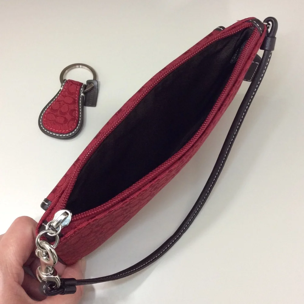 ✨ Coach Vintage Y2K Wristlet Red Brown Leather Trim Pouch Authentic Key Fob Set